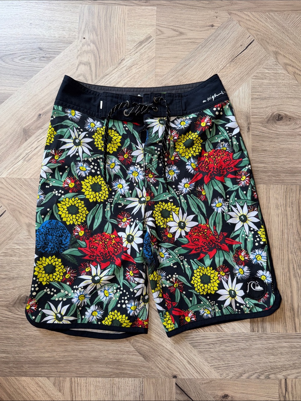 Quiksilver Black Floral Swim Trunks with Red, Yellow, White & Green
